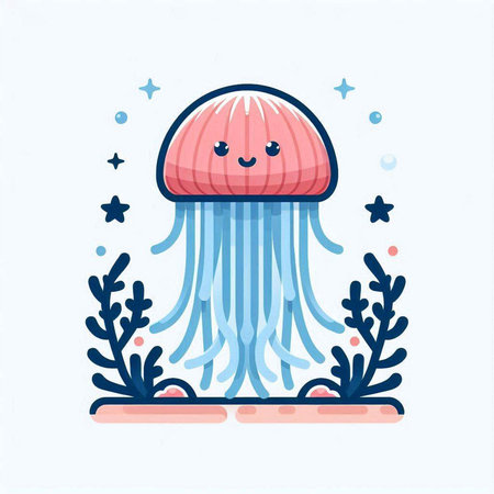 Cute cartoon jellyfish with seaweed and stars. Vector illustration.のイラスト素材