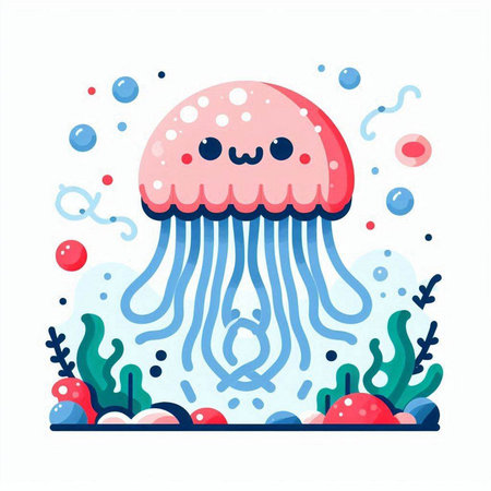 Cute cartoon jellyfish swimming in the sea. Vector illustration.のイラスト素材