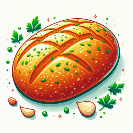 Illustration of a loaf of bread with garlic and parsley.のイラスト素材