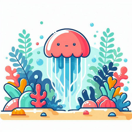 Cartoon jellyfish on the seashore. Vector illustration in flat style.のイラスト素材