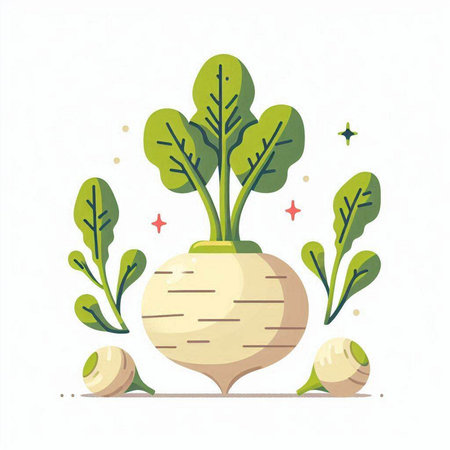 Fresh turnip with green leaves. Vector illustration in flat style.のイラスト素材