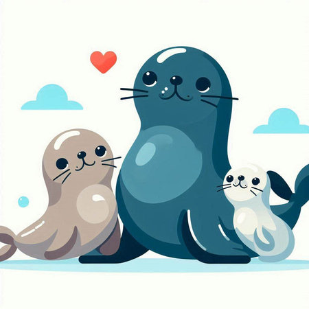 Vector illustration of a cute seal family in love. Cartoon style.のイラスト素材