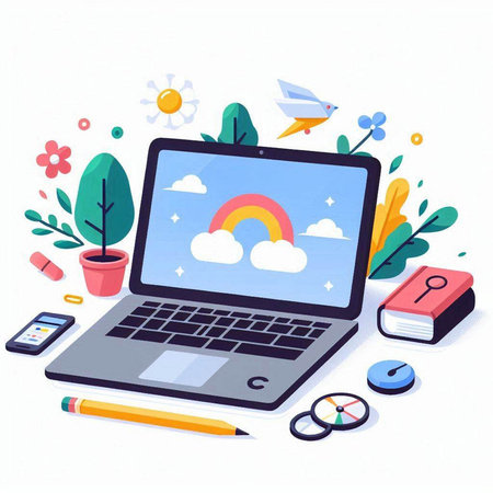 Laptop with cloud computing concept on white background. Vector illustration.のイラスト素材