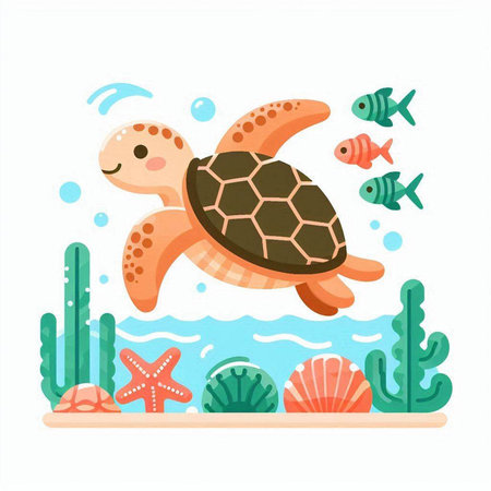 Sea turtle swimming in the sea. Cute cartoon vector illustration.のイラスト素材