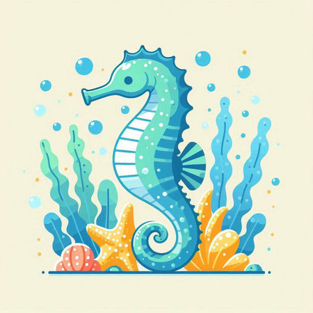 Sea horse, starfish and seaweed. Vector illustration in flat styleのイラスト素材