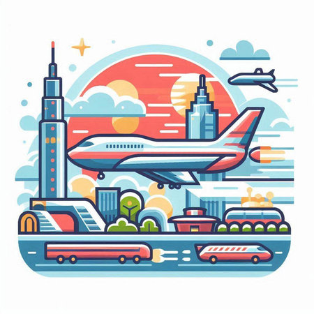Airplane on the background of the city. Vector illustration in flat styleのイラスト素材