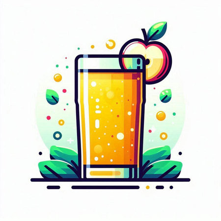 Vector illustration of a glass of orange juice with fresh fruits and leaves.のイラスト素材