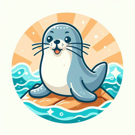 Cute seal on the pier. Vector illustration in cartoon style.のイラスト素材