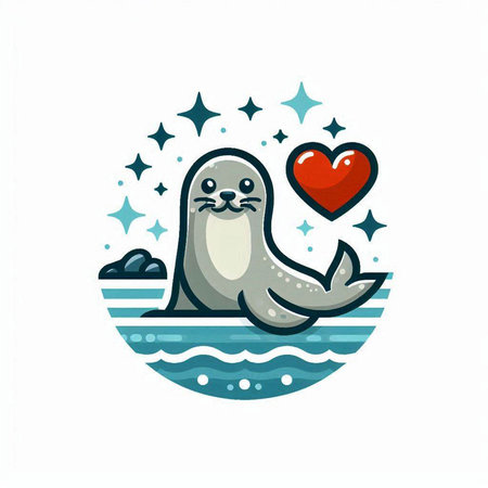 Cute seal with heart in the sea. Vector illustration on white background.のイラスト素材