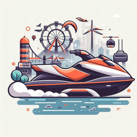 Vector illustration of water scooter on the background of the city.のイラスト素材