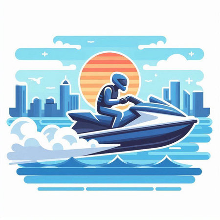Man on a jet ski on the background of the city. Vector illustration.のイラスト素材