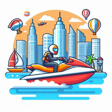 Man riding a jet ski on the background of the city. Vector illustrationのイラスト素材