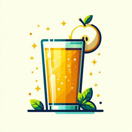 Orange juice in a glass with a slice of orange and leaves. Vector illustration.のイラスト素材