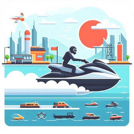 Jet ski on the background of the city. Vector illustration in flat styleのイラスト素材
