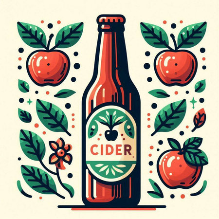Bottle of cider with fruits and leaves. Vector illustration in flat style.のイラスト素材