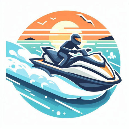 Water scooter on the background of the sunset. Vector illustration.のイラスト素材