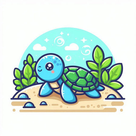 Cute cartoon turtle on the seashore. Vector illustration.のイラスト素材