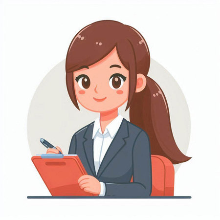 Businesswoman writing in notebook. Cute cartoon character. Vector illustration.のイラスト素材