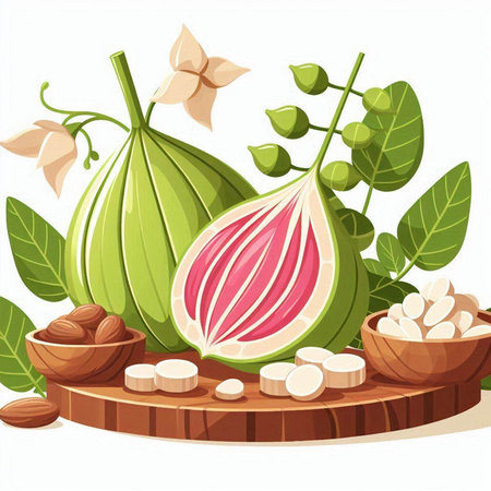 Fruits and leaves of figs on a white background. Vector illustration.のイラスト素材