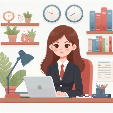 Business woman working at her desk in the office. Vector illustration.のイラスト素材