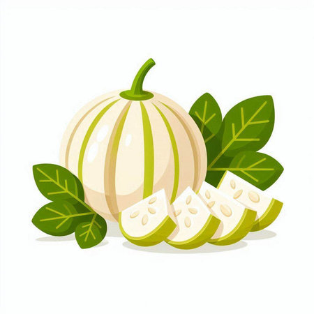 Pumpkin with green leaves isolated on white background. Vector illustration.のイラスト素材