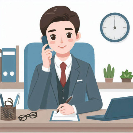 Businessman talking on the phone in the office. Vector illustration.のイラスト素材