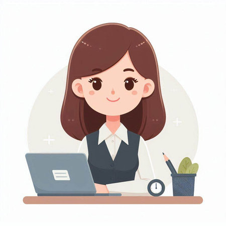 Business woman working at the computer. Office life. Vector illustration.のイラスト素材