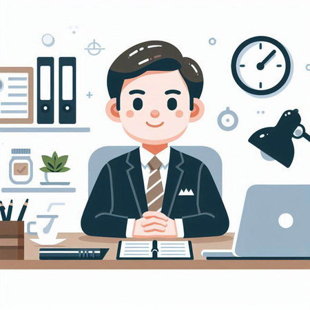 Businessman sitting at desk in office and working. Vector illustration.のイラスト素材