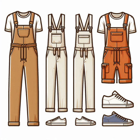 Set of overalls and shoes. Vector illustration in sketch style.のイラスト素材