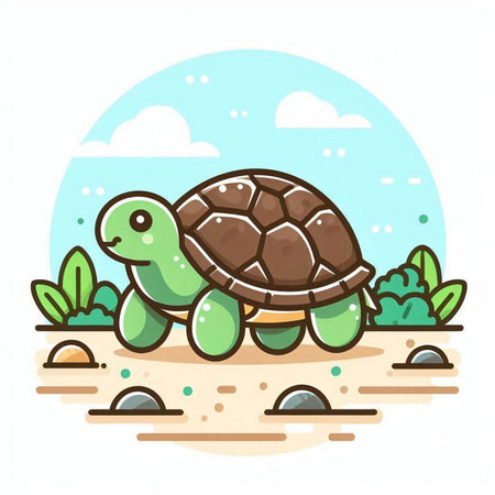 Cute cartoon turtle. Vector illustration of a tortoise on the beach.のイラスト素材