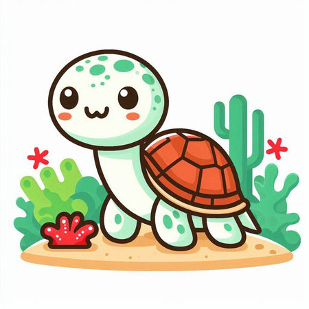 Cute turtle on the beach. Vector illustration in cartoon style.のイラスト素材