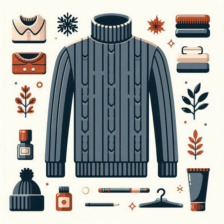 Vector set of men's clothing and accessories. Knitted sweater, scarf, hat, gloves, perfume, pencil, perfume.のイラスト素材