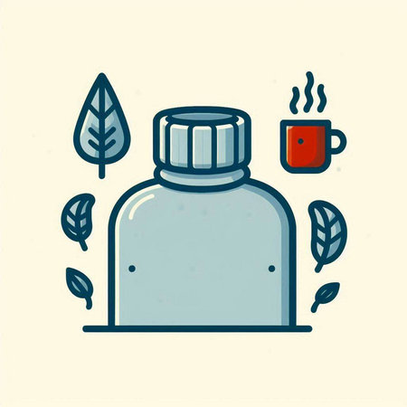 Vector illustration of a bottle with a cup of coffee and leaves.のイラスト素材