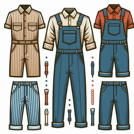 Vector illustration of a set of overalls, pants, shirt and tieのイラスト素材