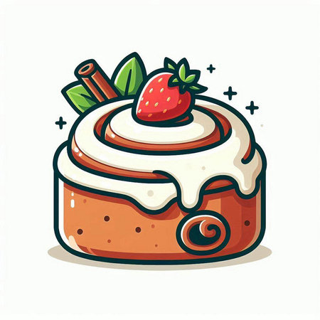 Cinnamon roll with cream and strawberry. Vector illustration in cartoon style.のイラスト素材