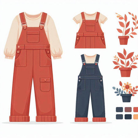 Set of clothes for work in the garden. Work overalls. Vector illustrationのイラスト素材