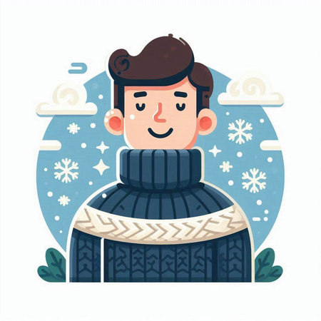 Vector illustration of a young man in a sweater on a winter background.のイラスト素材