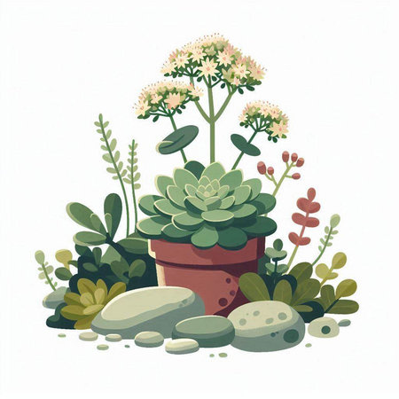 Illustration of a succulent plant in a pot with stones.のイラスト素材