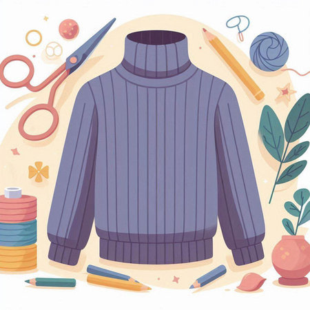 Vector illustration of a sweater, scissors, pencils, felt-tip pens.のイラスト素材