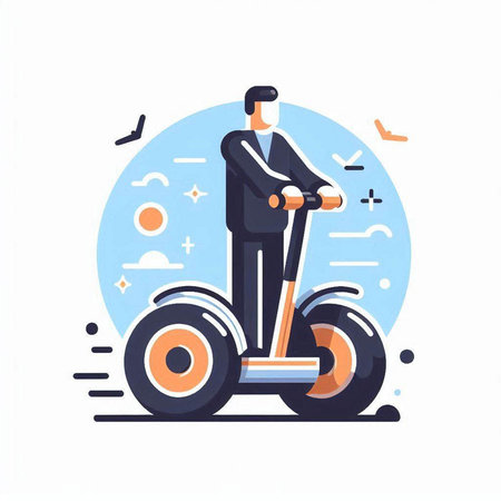 Businessman riding self-balancing electric scooter. Modern flat vector illustration.のイラスト素材