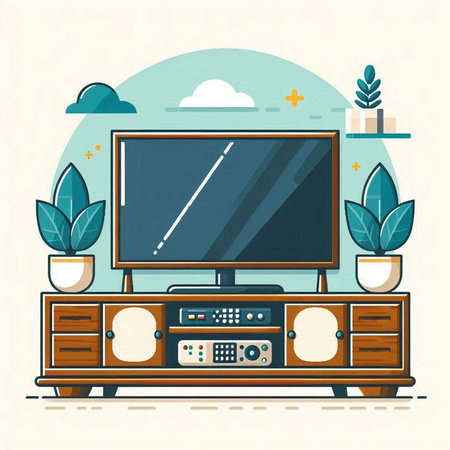TV on the cabinet in the living room. Flat design vector illustration.のイラスト素材