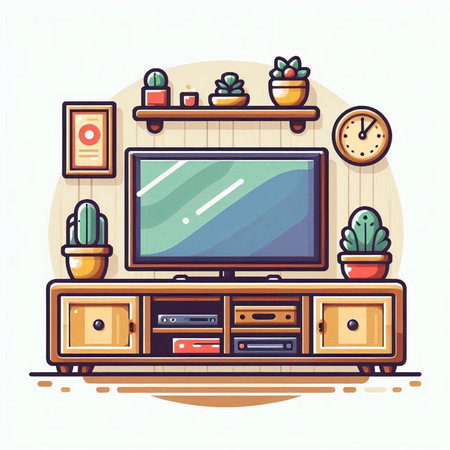 Vector illustration of a cozy living room with a TV, a cactus and a wall clock.のイラスト素材