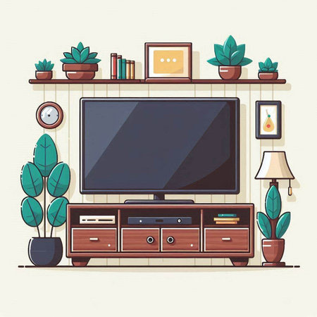 Living room interior with TV, bookshelf and plants. Vector illustration.のイラスト素材