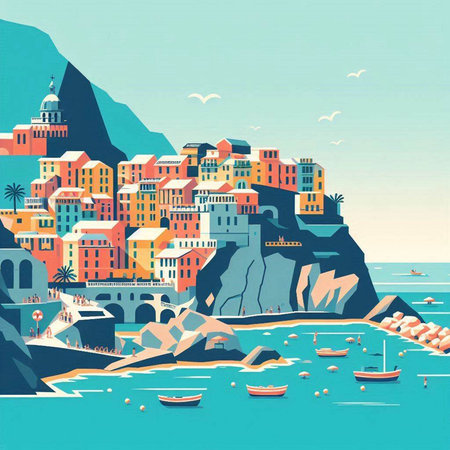 Cinque Terre. Colorful cityscape. Vector illustrationのイラスト素材