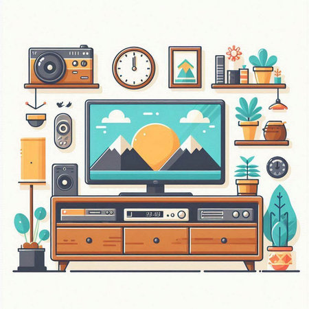 Flat design modern vector illustration concept of home interior with furniture, tv, photo camera, plant, plants and other objects.のイラスト素材