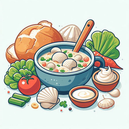 Vector illustration of soup with meatballs and vegetables in a bowl.のイラスト素材