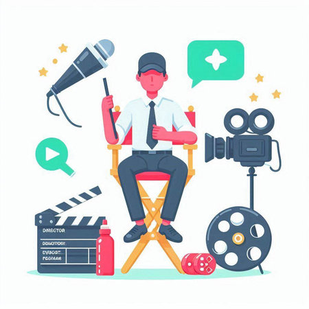 Cinema concept vector illustration in flat cartoon style. Movie director sitting on chair with camera, film reel, clapperboard and microphone.のイラスト素材