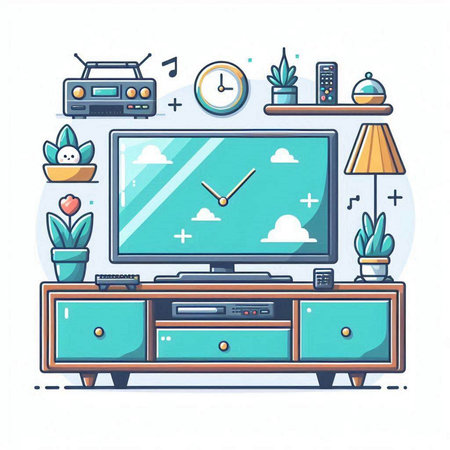 Home living room with TV and various home related objects. Vector illustration.のイラスト素材