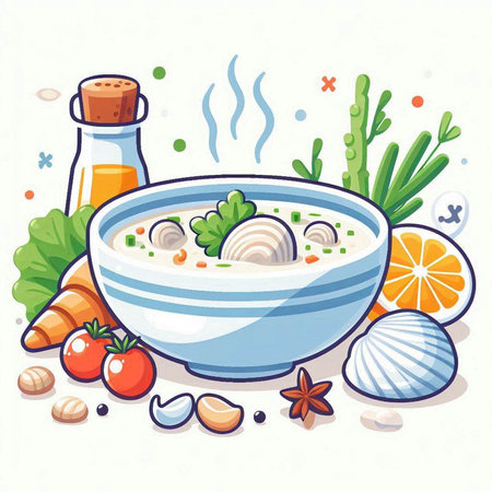 Vector illustration of bowl of soup with seafood, vegetables and spices.のイラスト素材