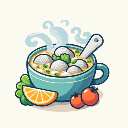 Illustration of a bowl of soup with dumplings and vegetablesのイラスト素材